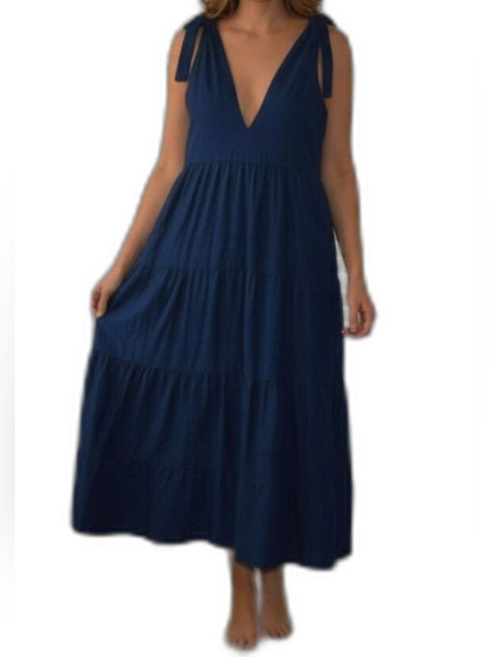 House of Harlow 1960 Linen Blend Tiered Dress Boho Flowy Tie Strap Maxi Size L
